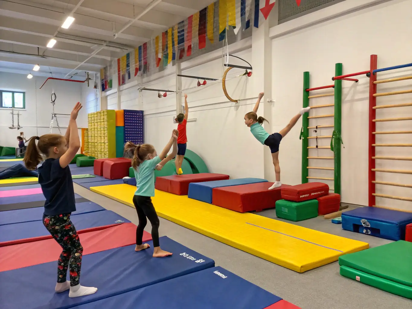 A vibrant image of young children participating in a gymnastics class, showcasing their flexibility and coordination while performing various gymnastic moves under the guidance of an instructor at Fitnastix Academy.