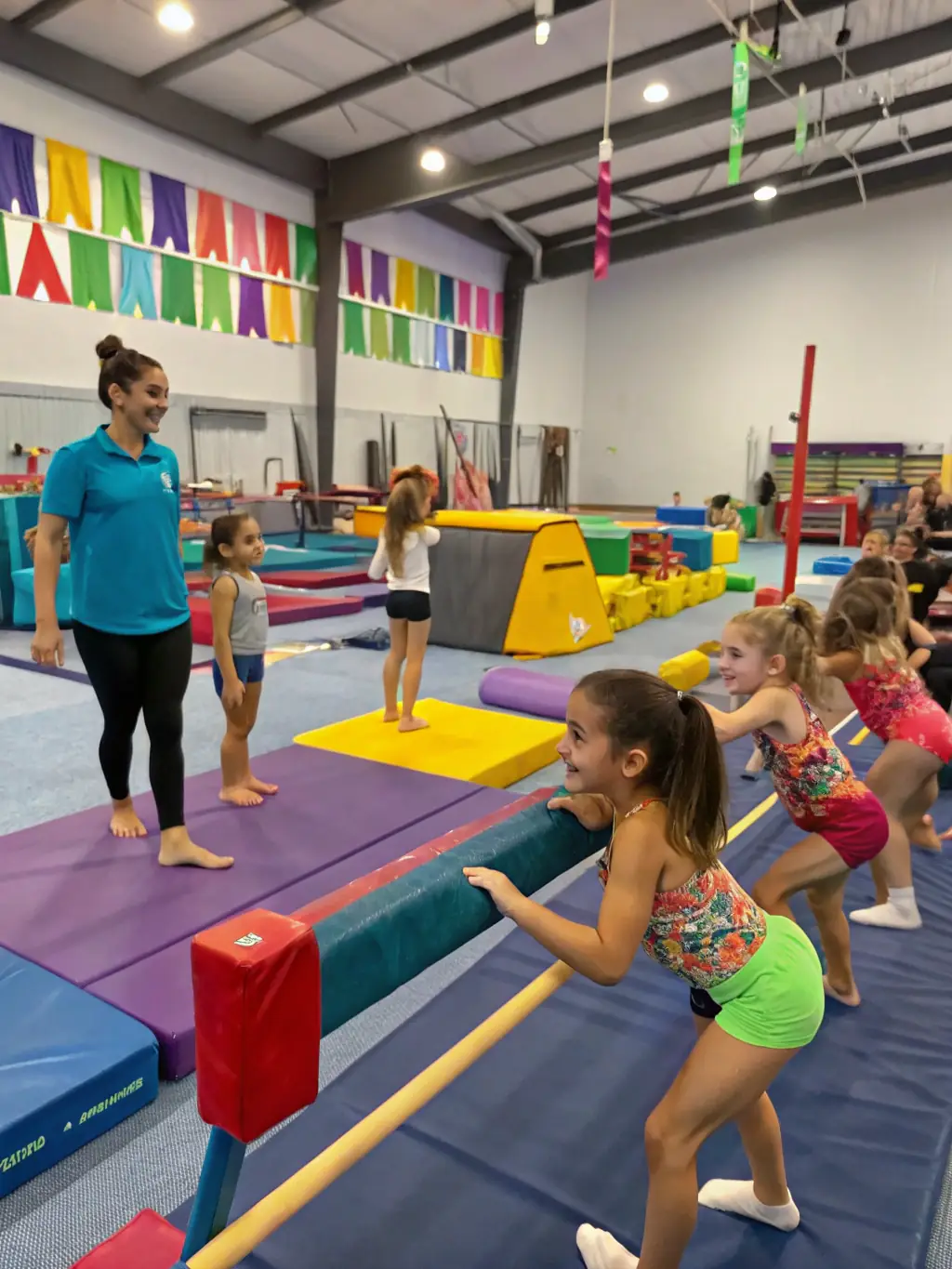 A vibrant image of children participating in a creative gymnastics class, showcasing various poses and routines on colorful mats and equipment.